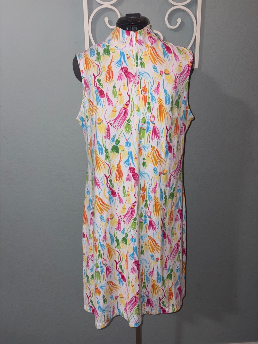 RARELike new IBKUL 1/4 zip all over multi color tassel design golf dress Sz L